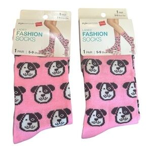 Hanes Ladies’ Fashion Socks Pink Dog Print – 2 Pairs, Size 5-9, NWT